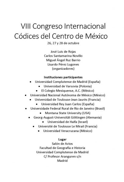 VIII Congreso Internacional Códices del Centro de México. Octubre 2022.